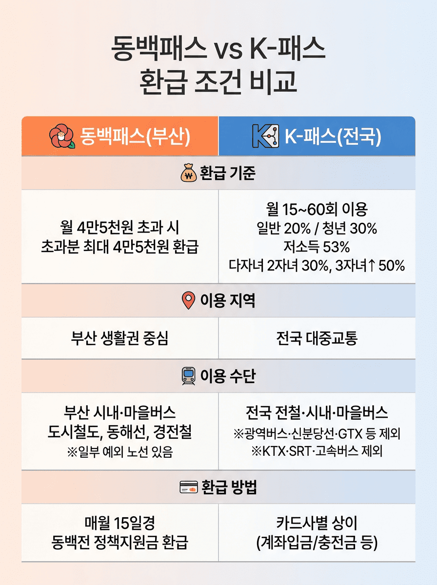 동백패스 K-패스 환급 조건 비교 이미지